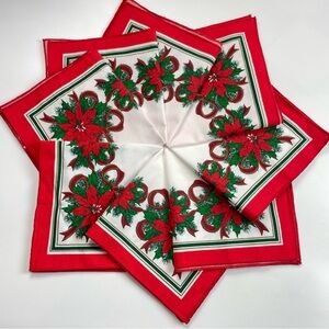 Vintage Christmas Napkins Cloth Poinsettia Flowers Red White Green Holiday Set 8